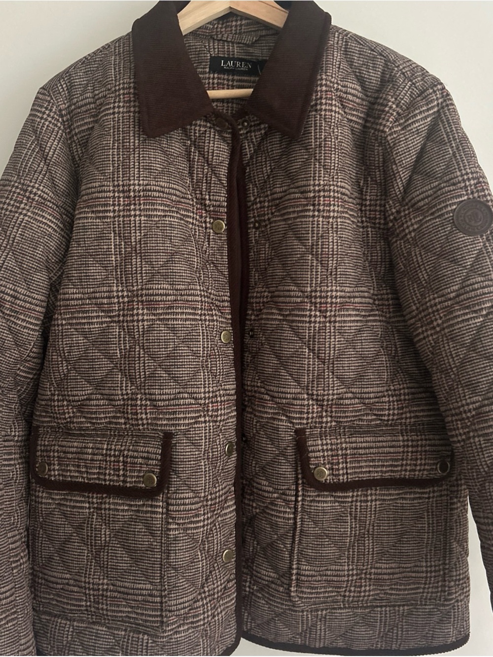 Lauren Ralph Lauren Brown Plaid Quilted Utility Jacket Corduroy Trim Size L NWT
